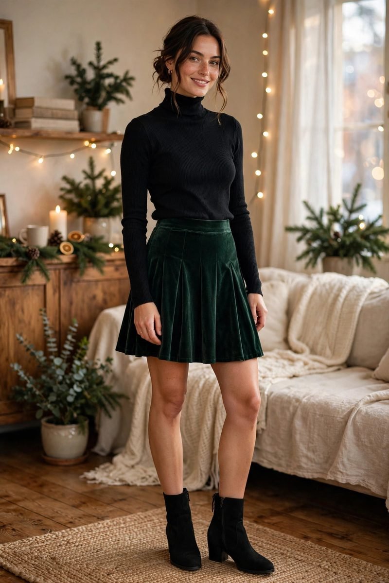 Woman in a green velvet skater skirt and black turtleneck