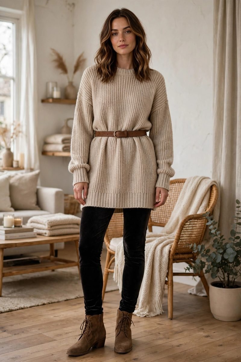Woman in black velvet leggings with a belted tunic sweater