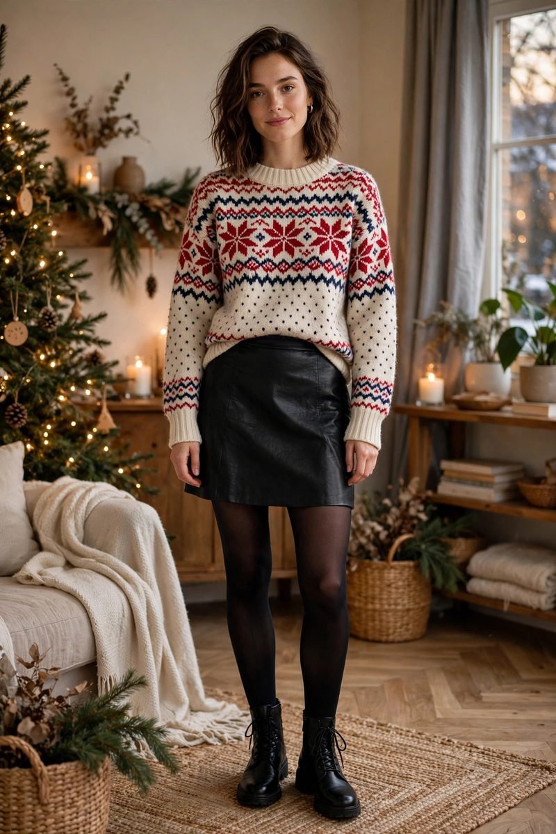 Woman wearing a fair isle sweater with a faux leather skirt