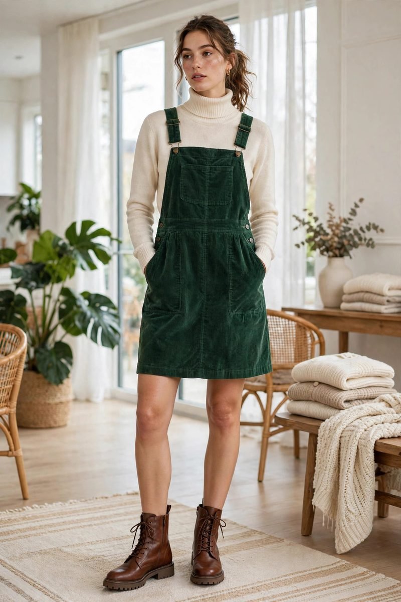 Woman in a forest green corduroy pinafore with a turtleneck