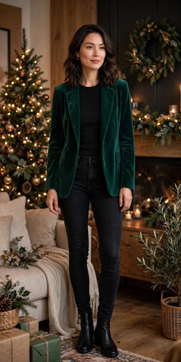 Woman wearing black jeans with an emerald velvet blazer