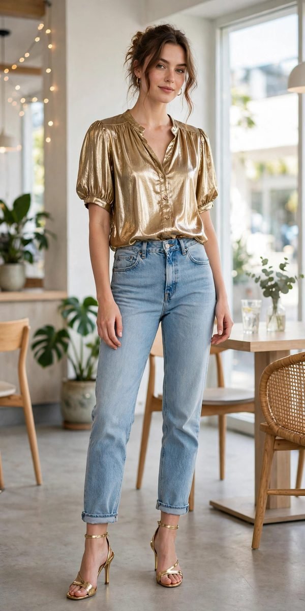Woman in mom jeans with a gold metallic blouse