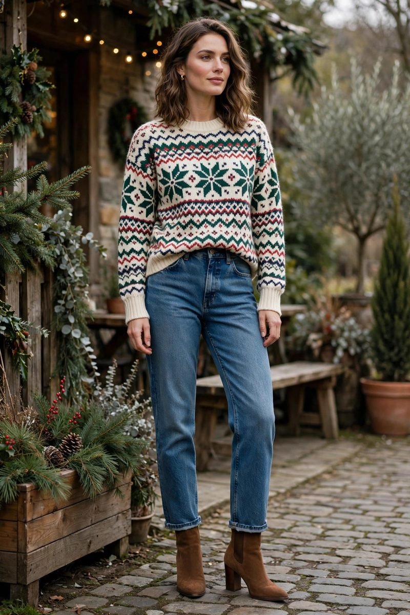Woman wearing straight-leg jeans with a fair isle sweater and heels