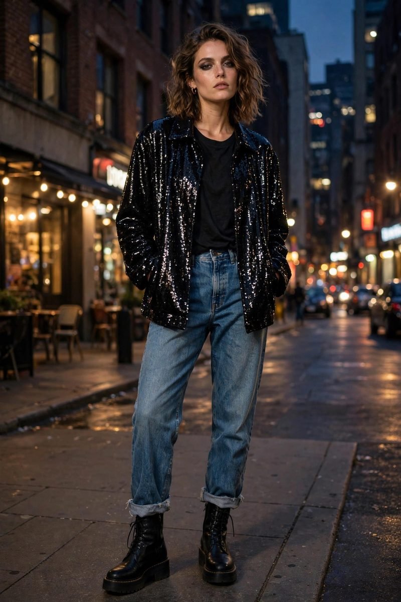 Woman wearing boyfriend jeans with a black sequin jacket
