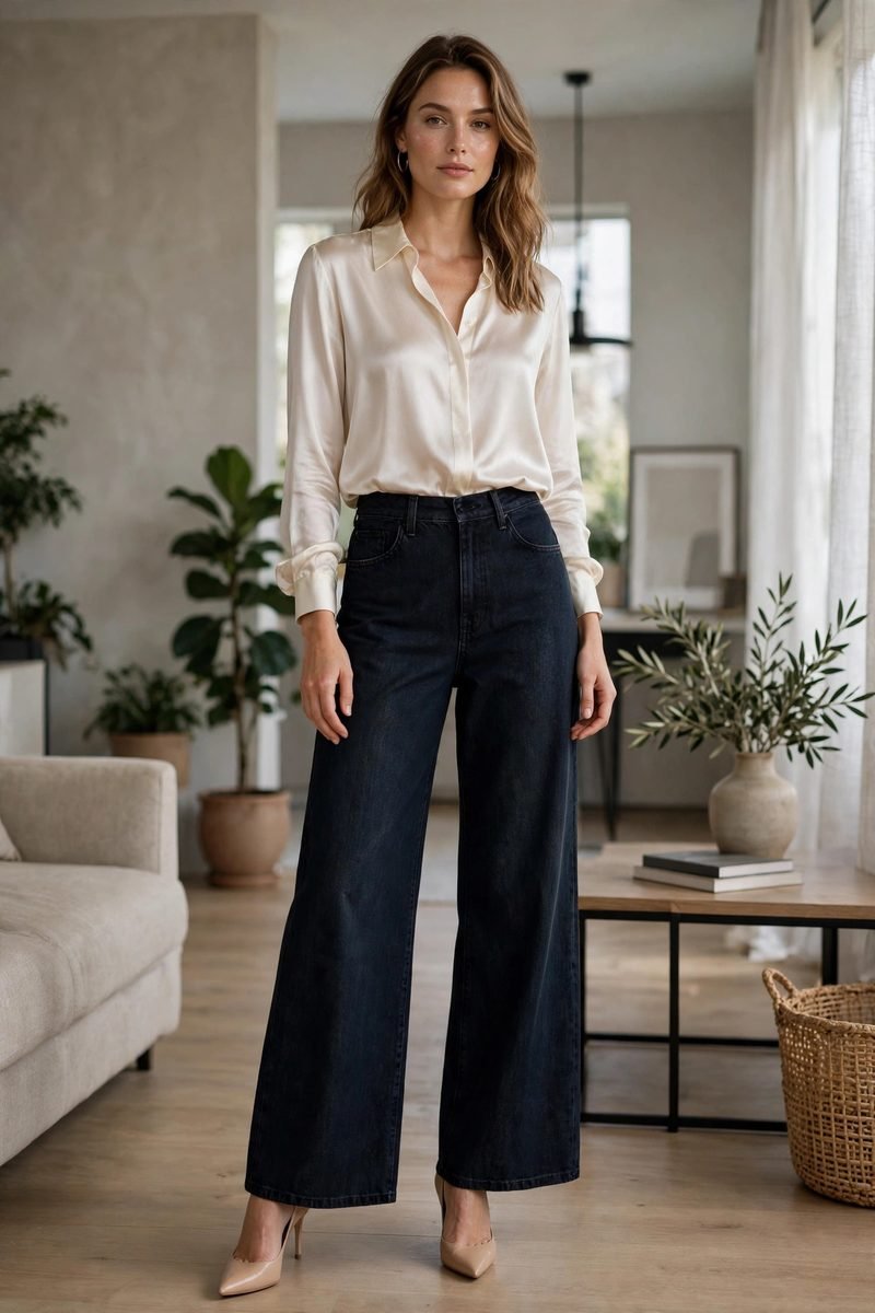 Woman in wide-leg jeans with an ivory silk blouse