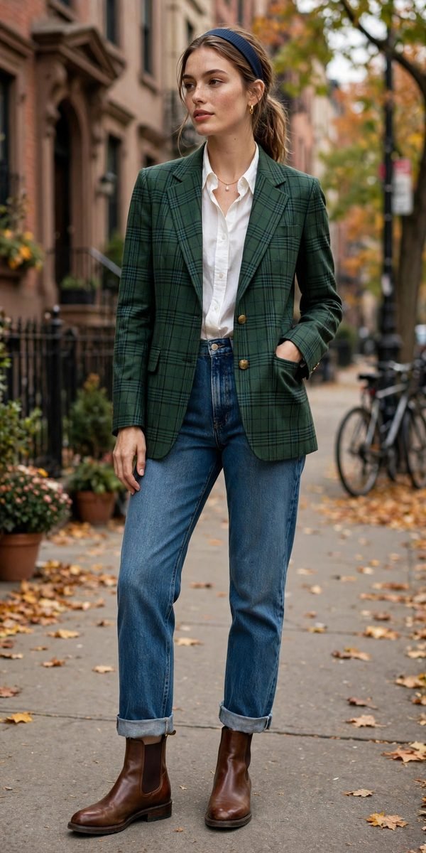 Woman wearing cuffed jeans with a green plaid blazer