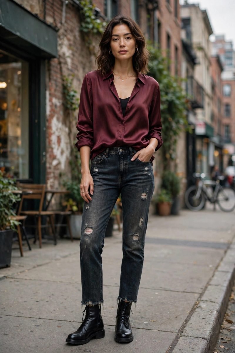 Woman in distressed jeans with a burgundy satin shirt
