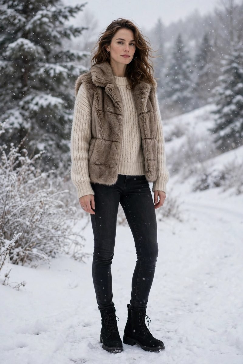 Woman wearing slim jeans with a faux fur vest and boots
