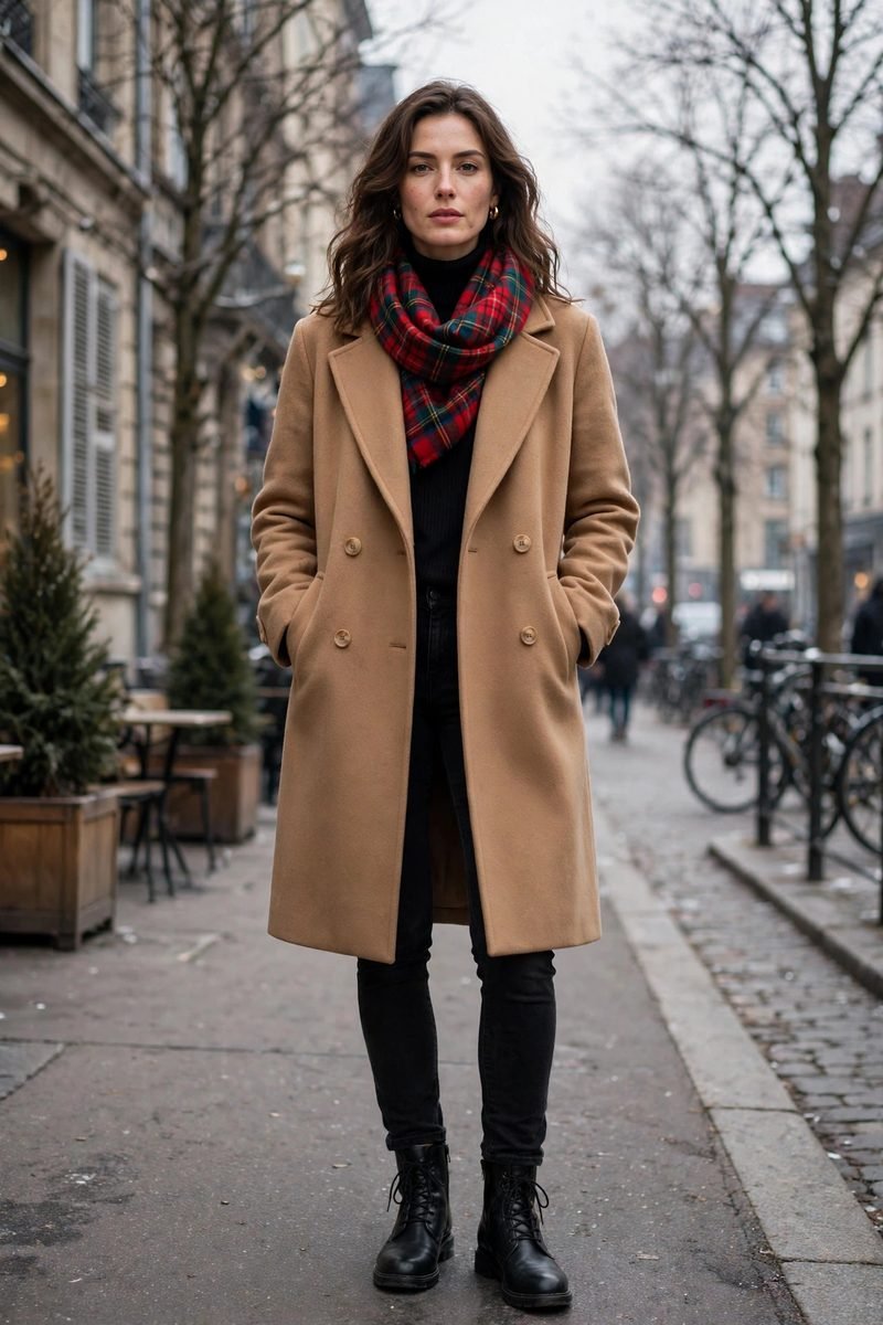Woman in black jeans with a tartan scarf and camel coat