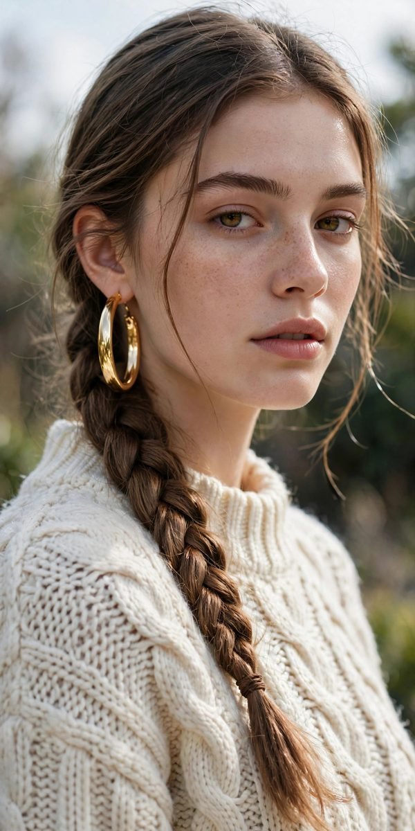 Side braid with gold hoop earrings