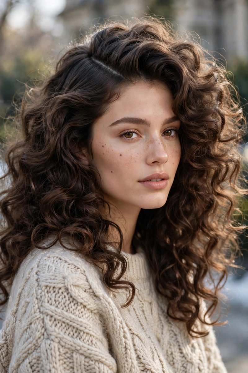 Big soft curls with side part
