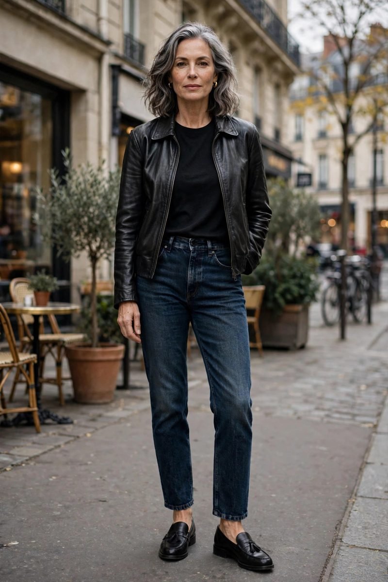 Mature woman in leather jacket with dark jeans and loafers