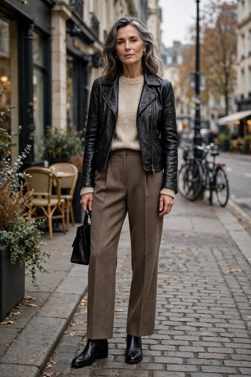 Woman in leather jacket over cashmere sweater and wool trousers