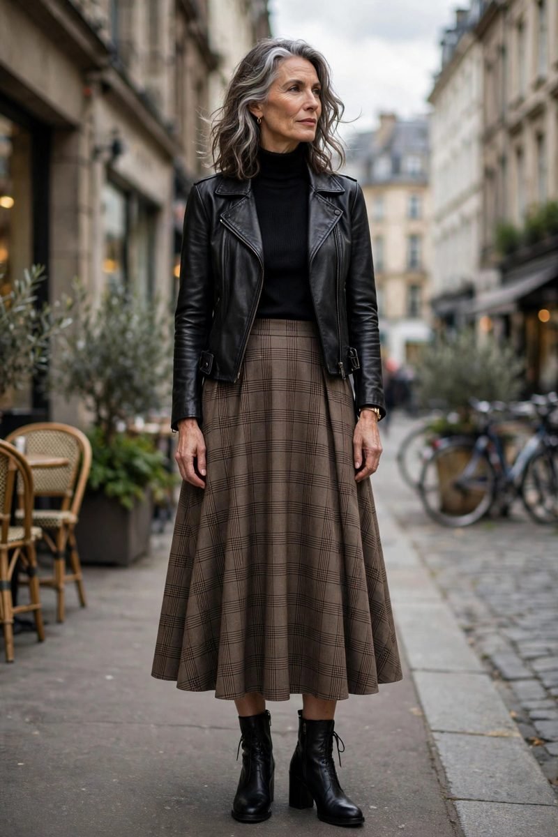 Woman in leather jacket with A-line midi skirt