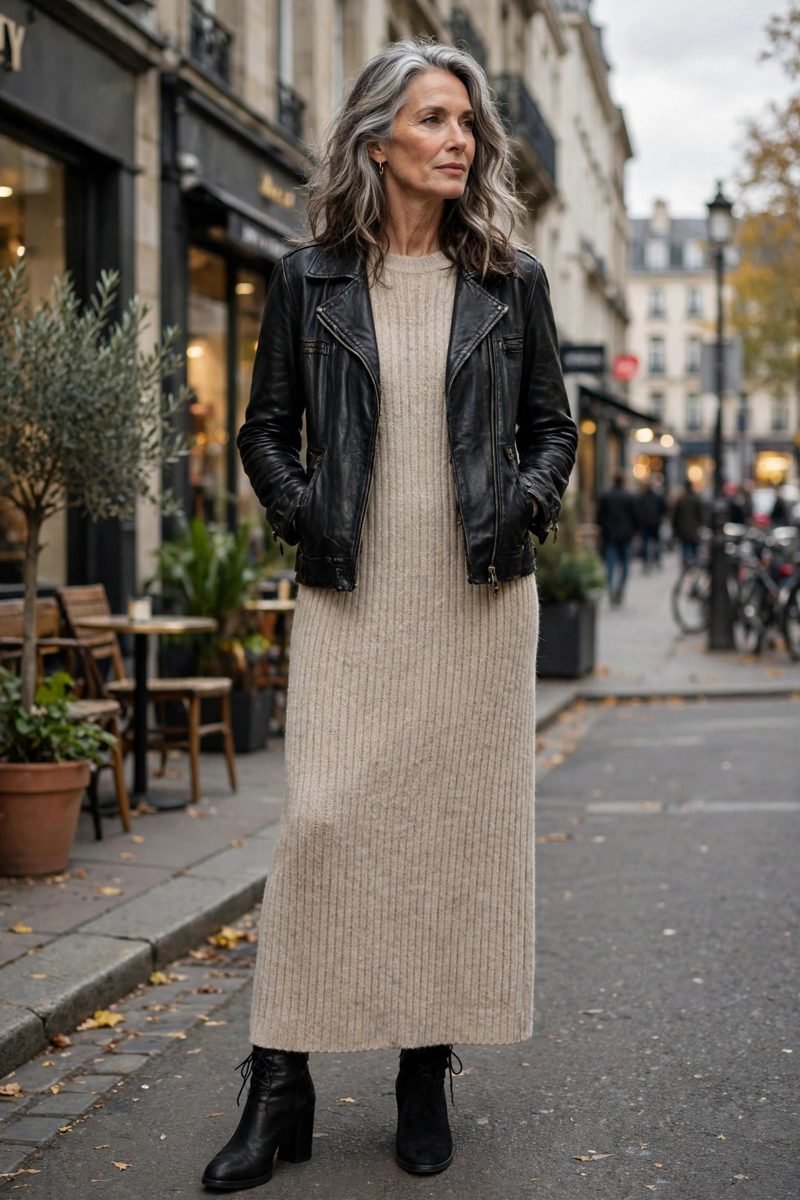Woman in leather jacket with long knit dress and boots