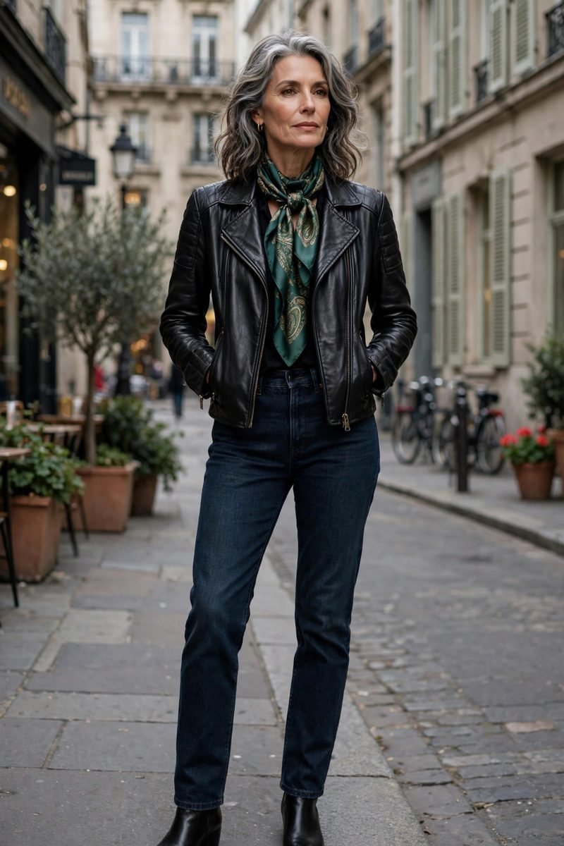 Woman in leather jacket with silk scarf and dark denim