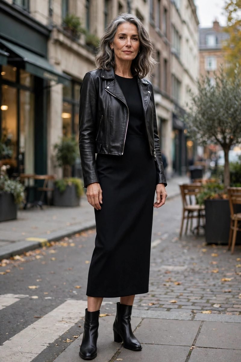 Woman in cropped leather jacket over sheath dress