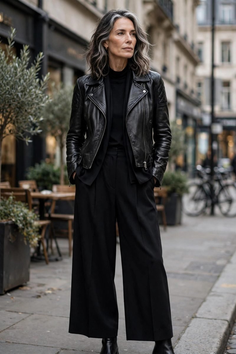 Woman in leather jacket with monochrome black outfit