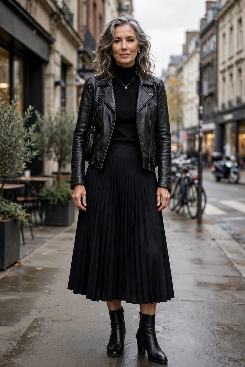 Woman in leather jacket with pleated skirt and ankle boots