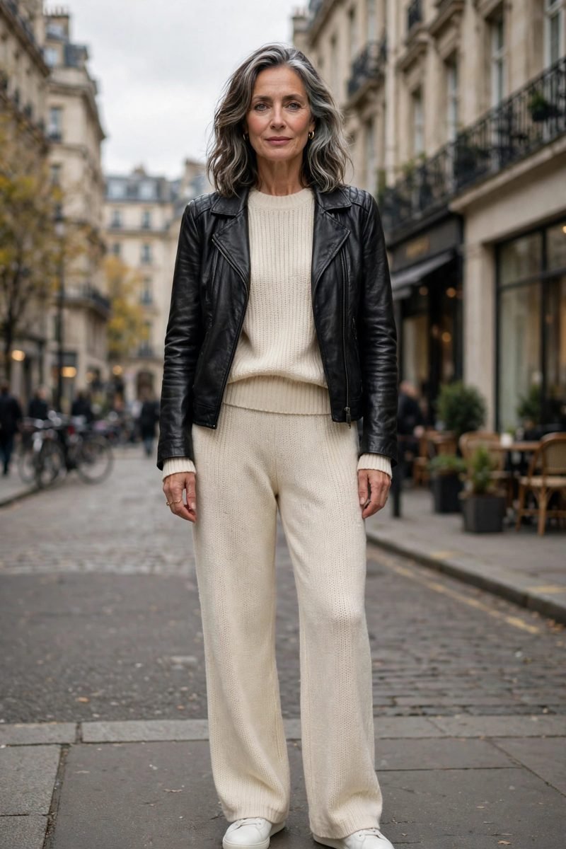 Woman in leather jacket with cream knit set