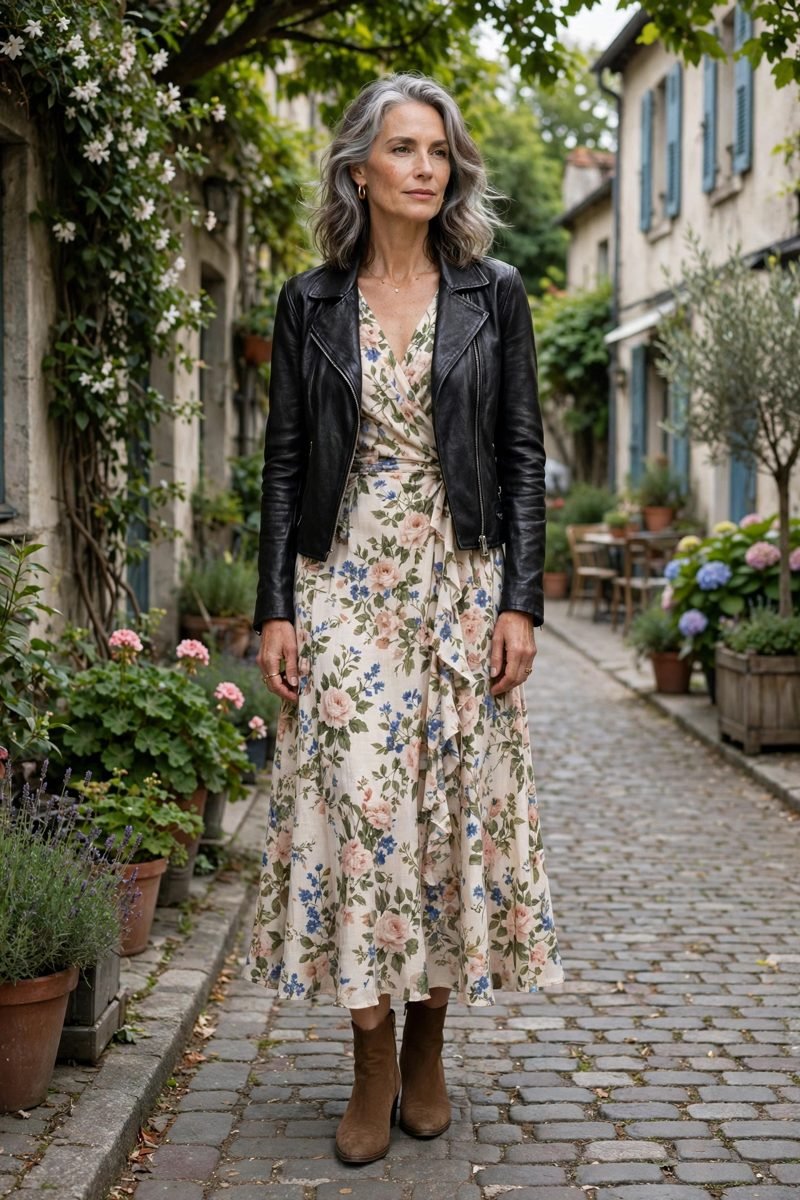 Woman in leather jacket over elegant floral midi dress