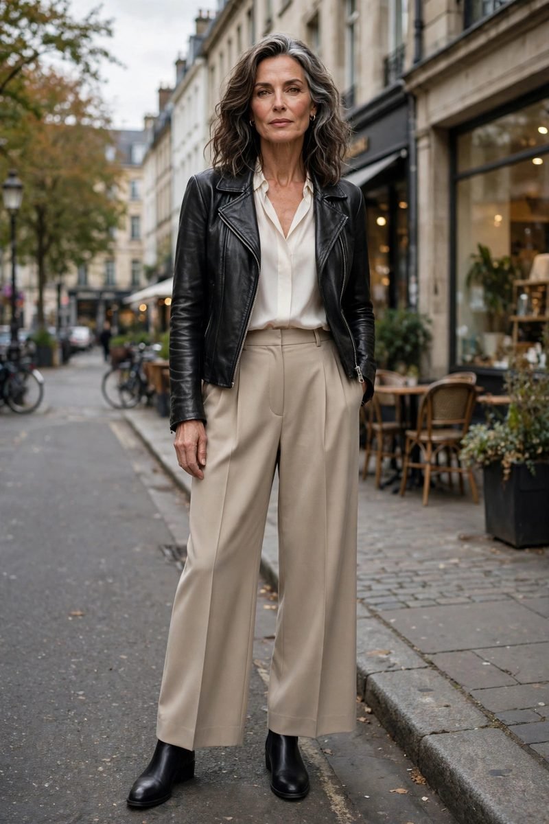 Woman in leather jacket with wide-leg trousers and blouse