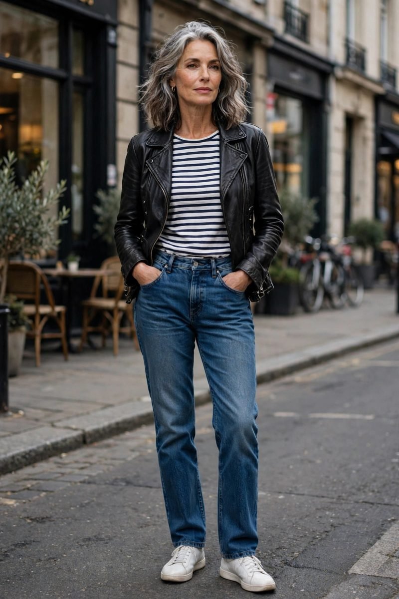 Woman in leather jacket with striped Breton top and jeans