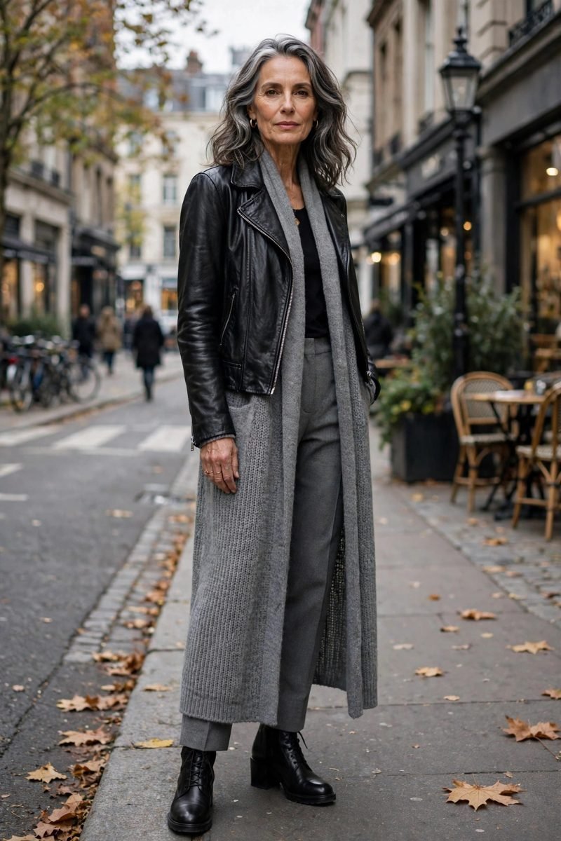 Woman layering leather jacket over longline cardigan