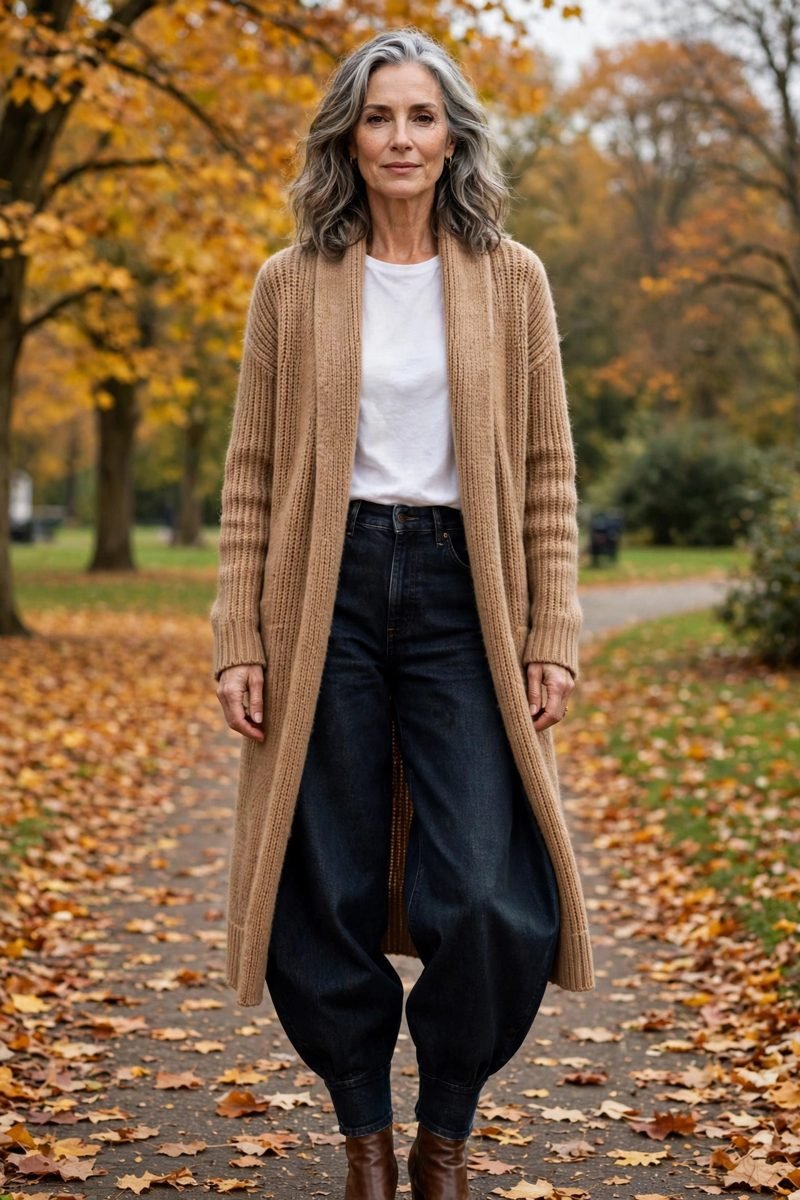 Woman in camel cardigan and dark jeans