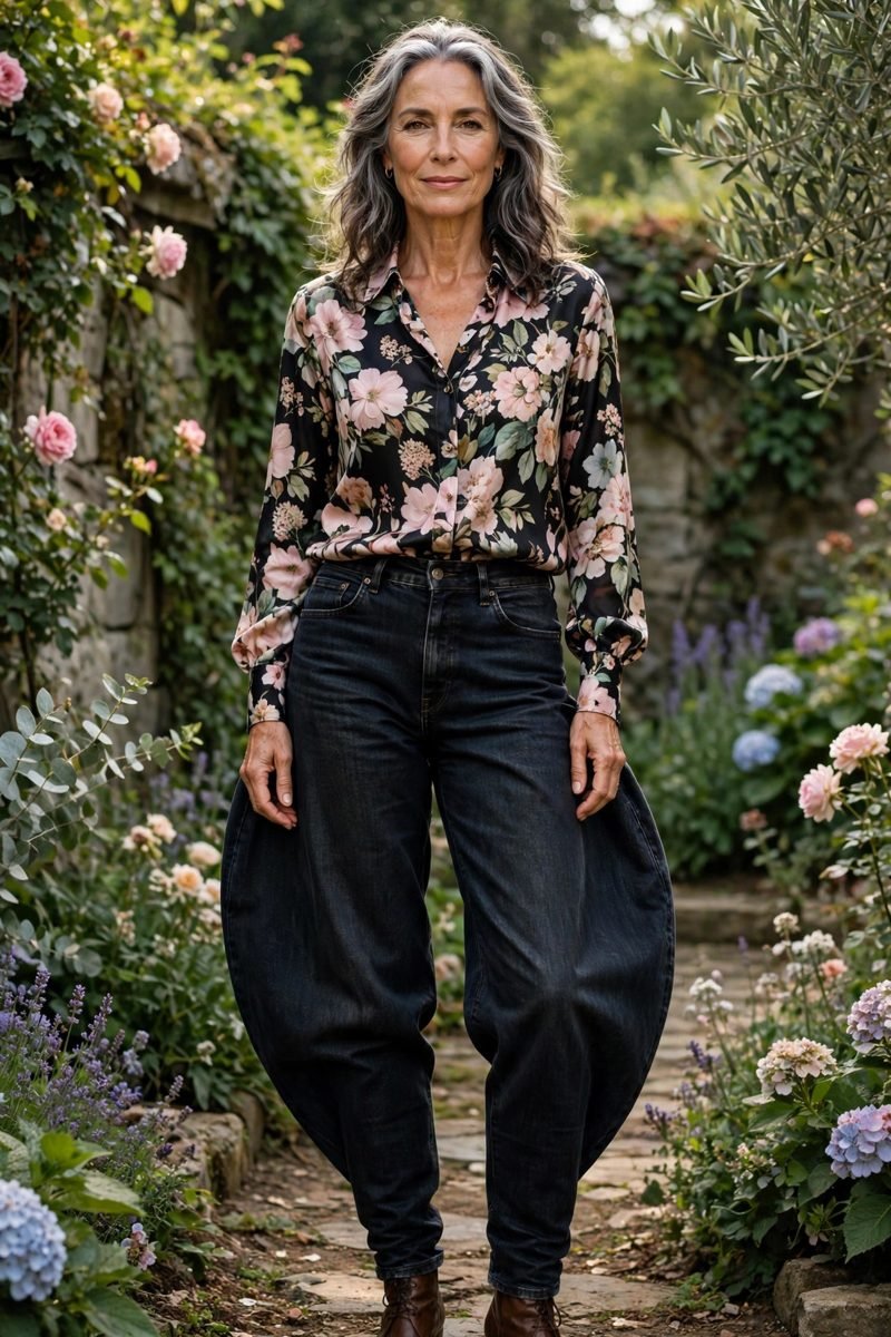 Woman in floral silk blouse and jeans