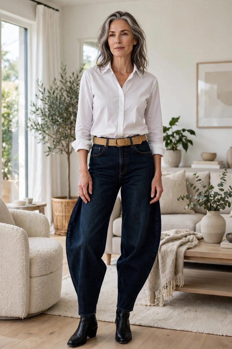 Confident woman in white shirt and jeans