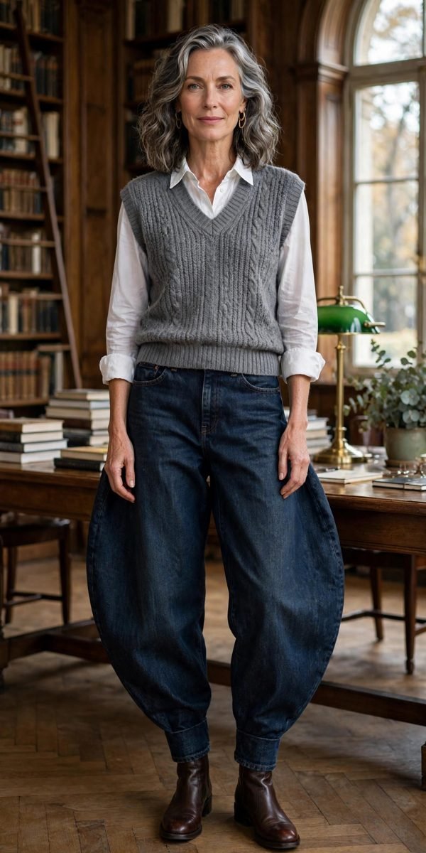Woman in knit sweater vest layered outfit
