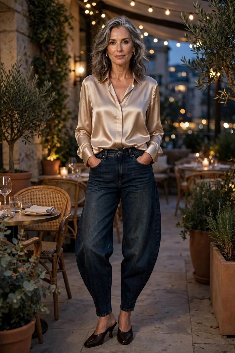 Mature woman in elegant light blouse and jeans