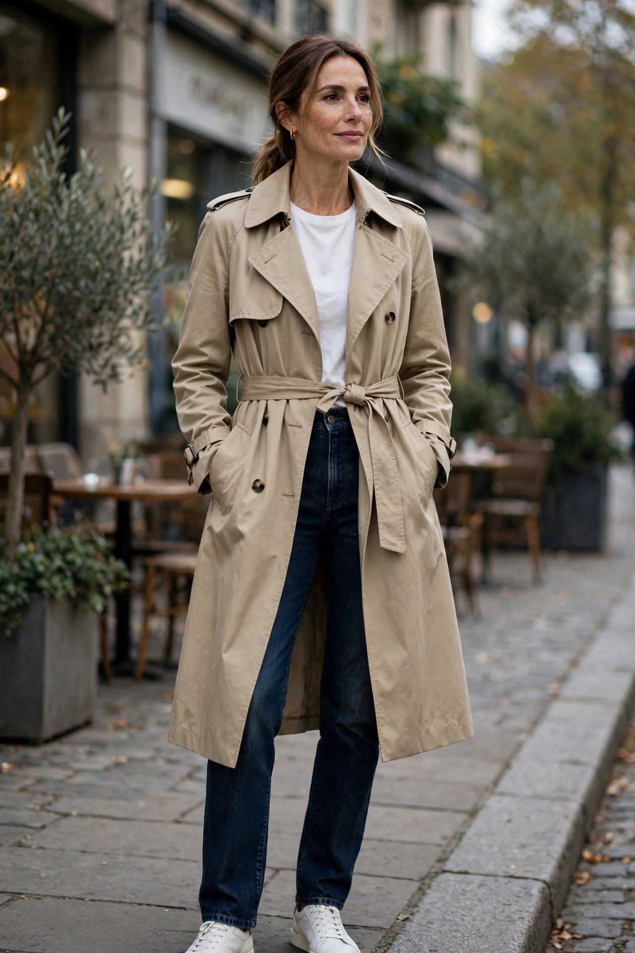 Woman in a trench coat walking on an urban sidewalk