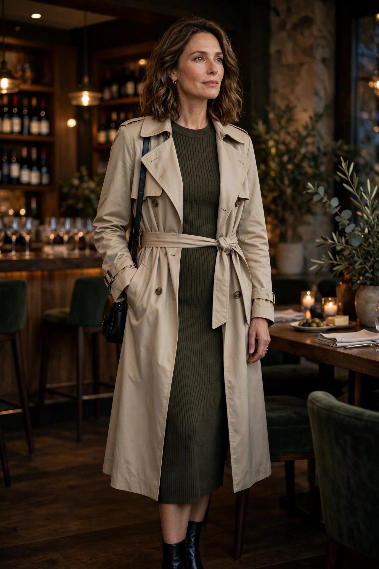Woman in a trench coat by a wine shop sign