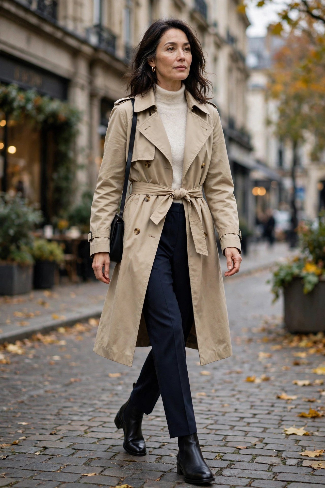 Woman in a trench coat on a city sidewalk