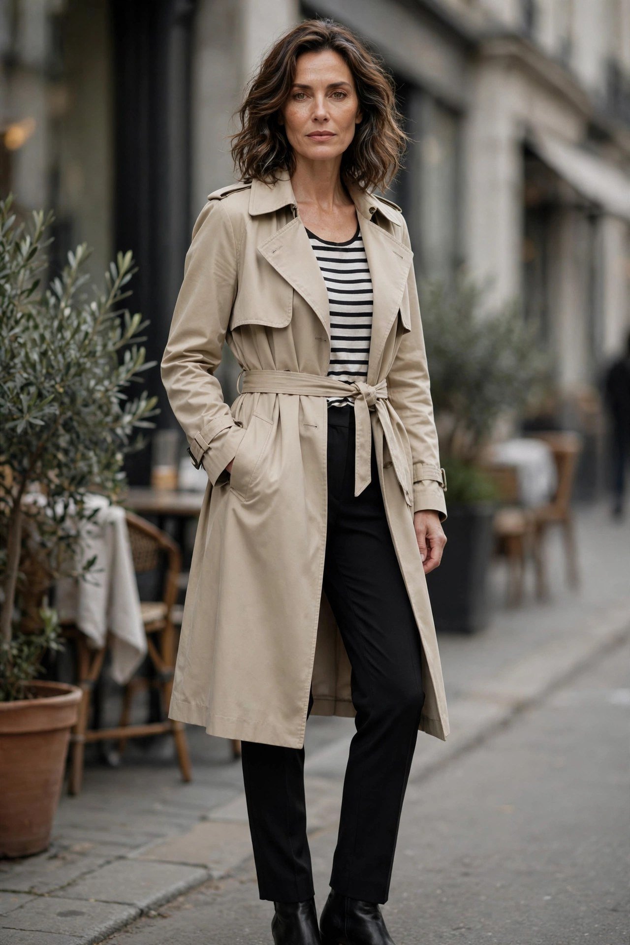 Woman in a monochrome trench coat outfit