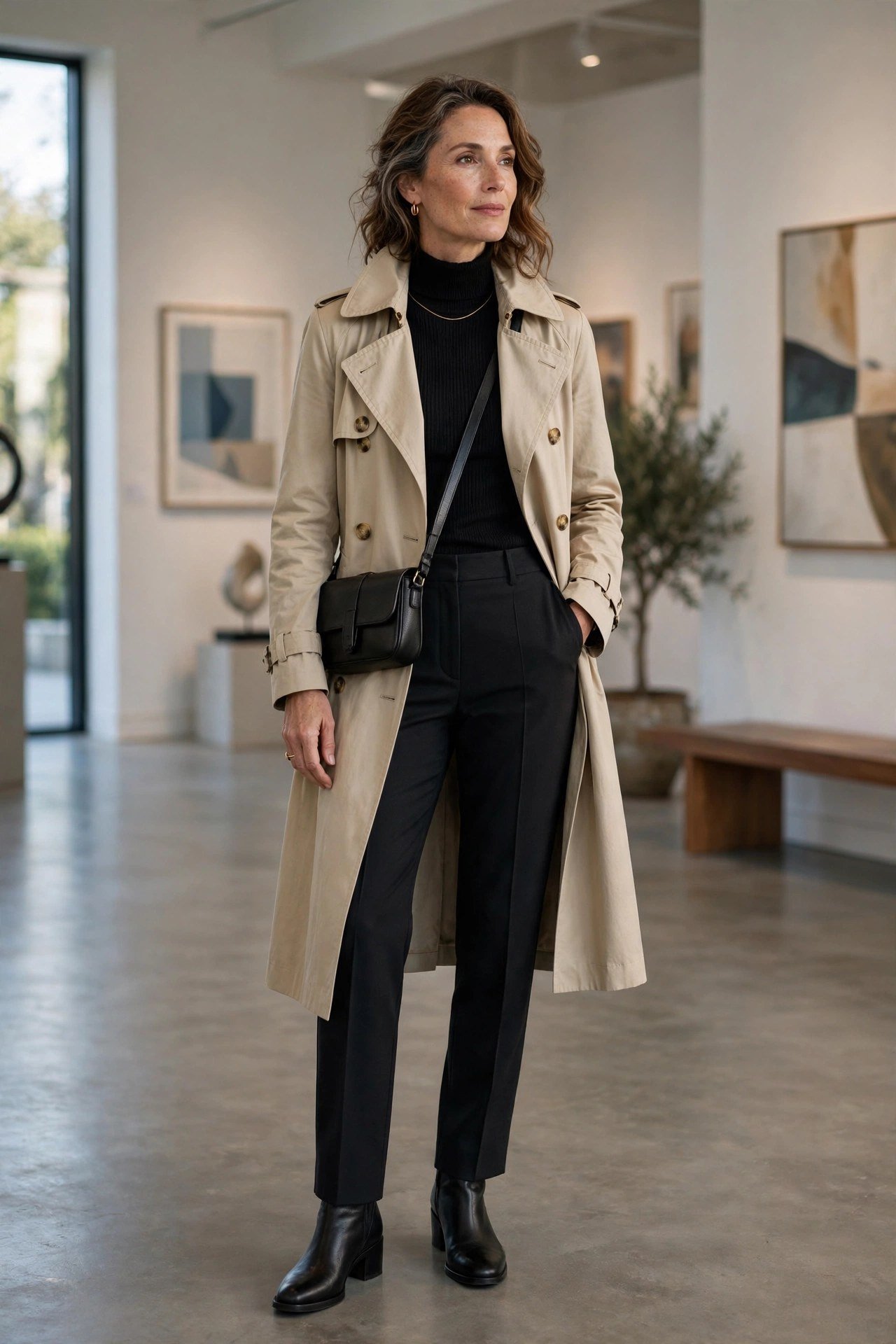Woman in a trench coat at a gallery-style setting