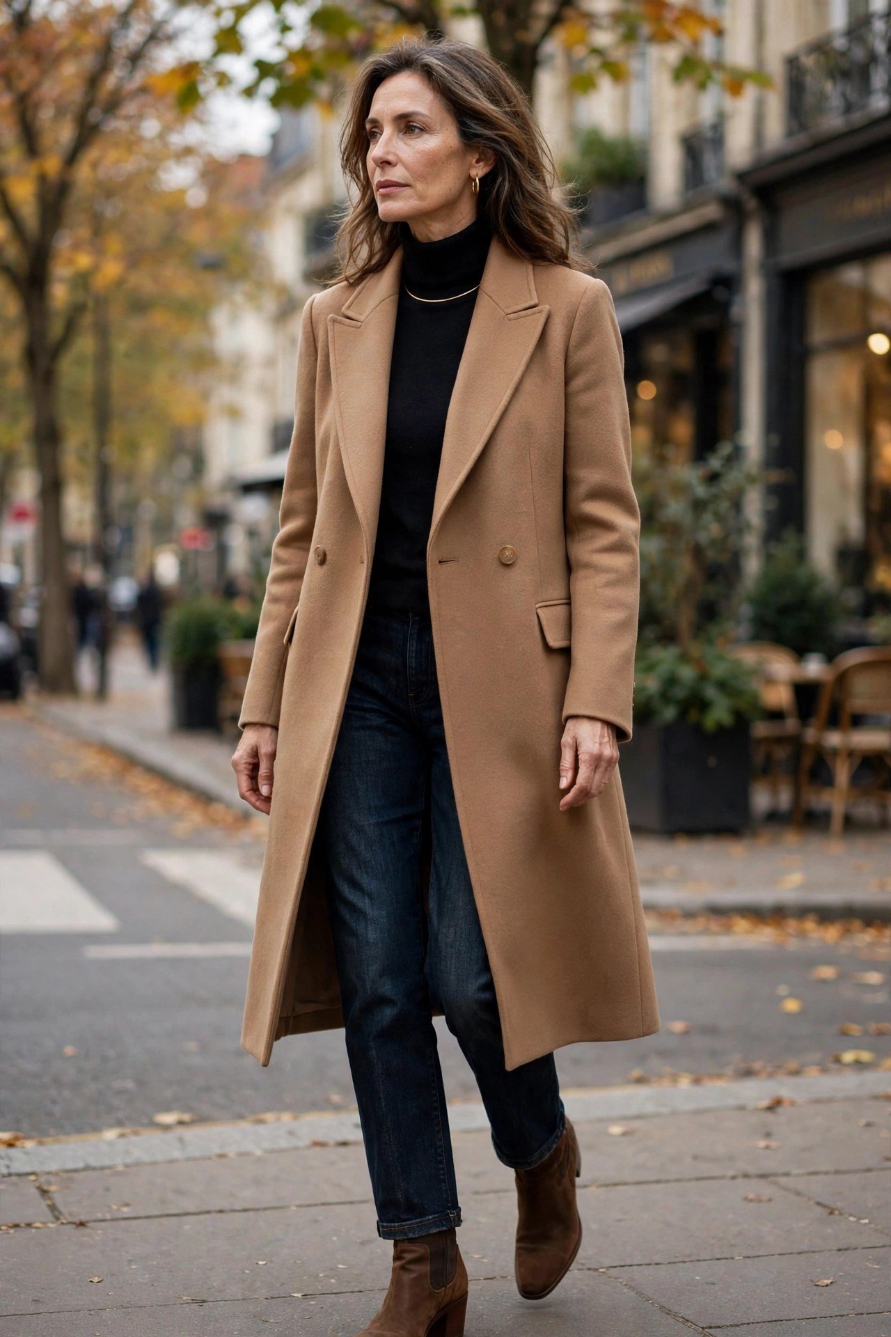 Elegant woman over 40 in tailored camel coat with dark trousers