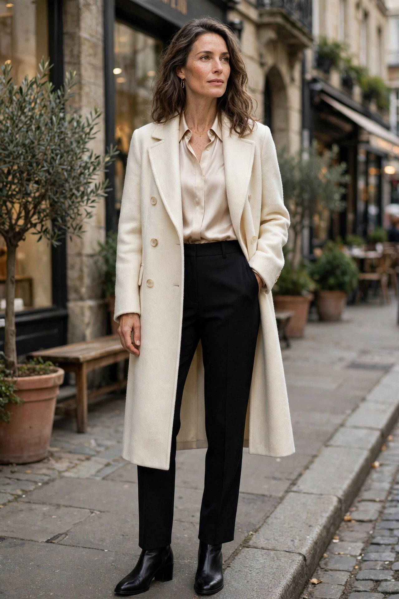 Woman in cream wool coat with silk blouse and black pants