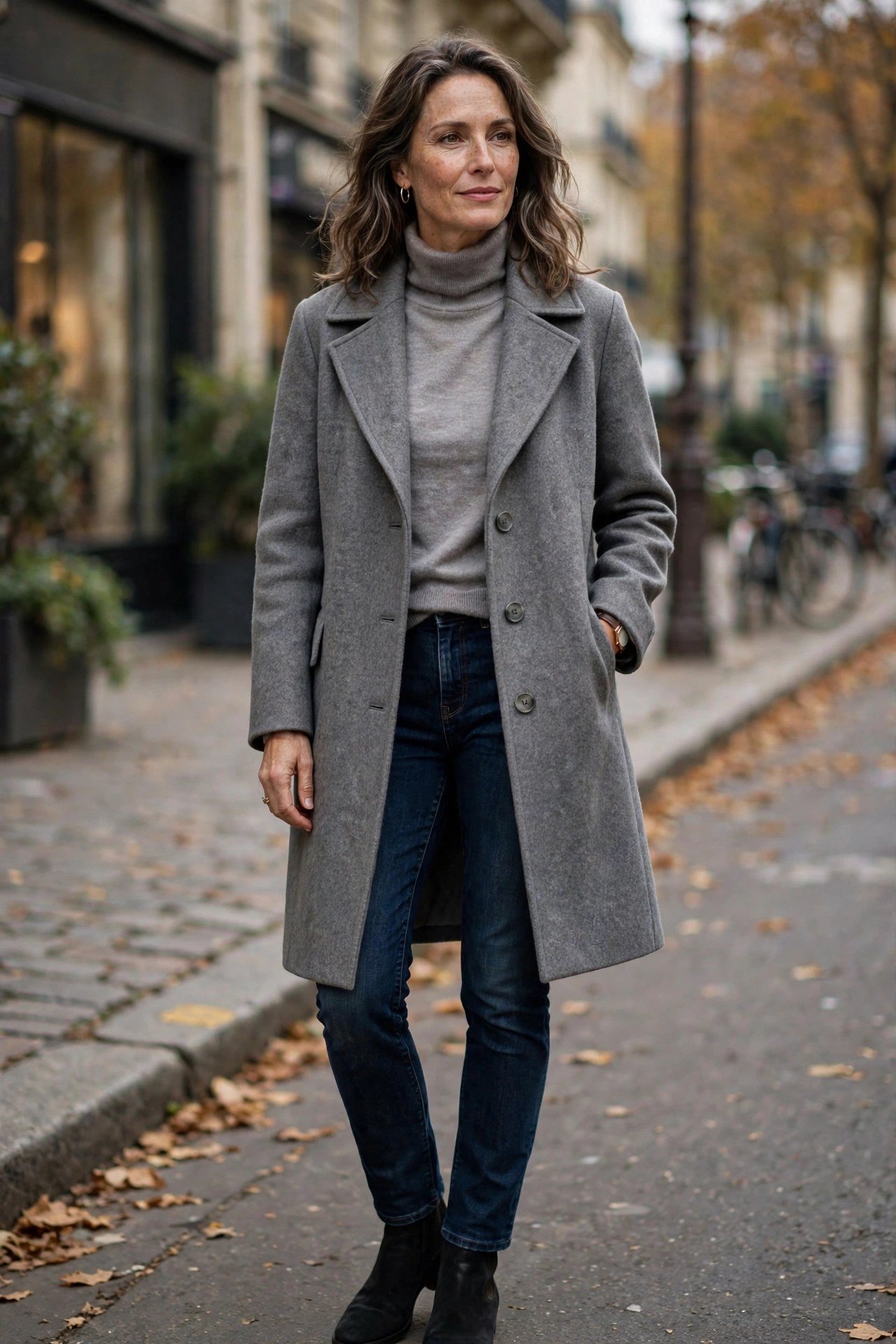 Mature woman in gray wool coat with cashmere turtleneck