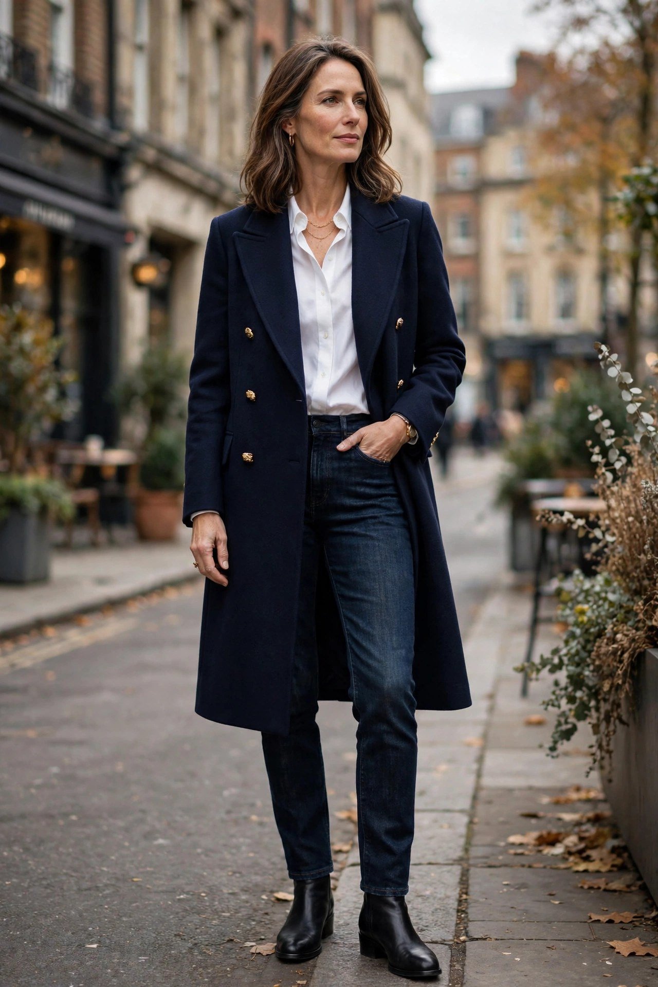 Sophisticated woman in navy coat with white shirt and jeans