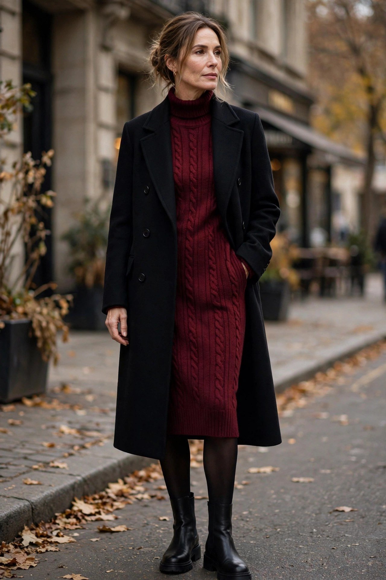 Woman in black wool coat over burgundy sweater dress