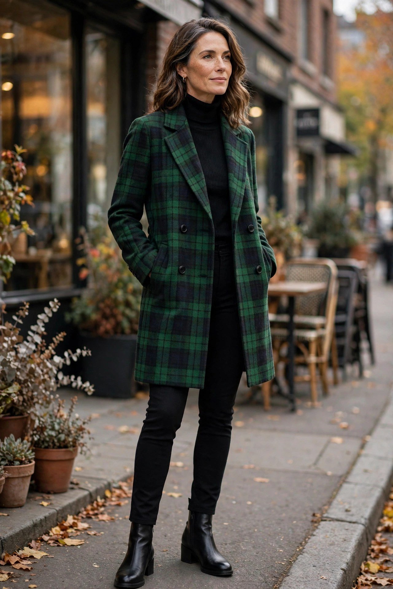 Woman in plaid wool coat with black pants and loafers
