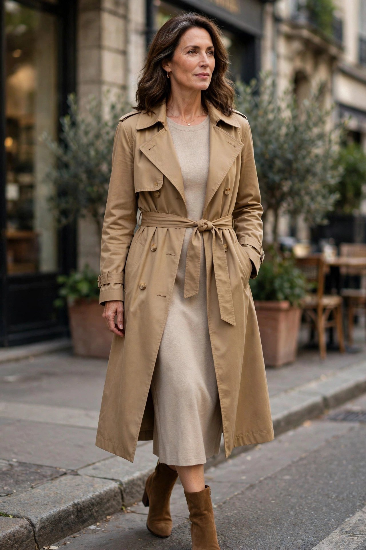 Woman in belted tan wool coat with neutral midi dress