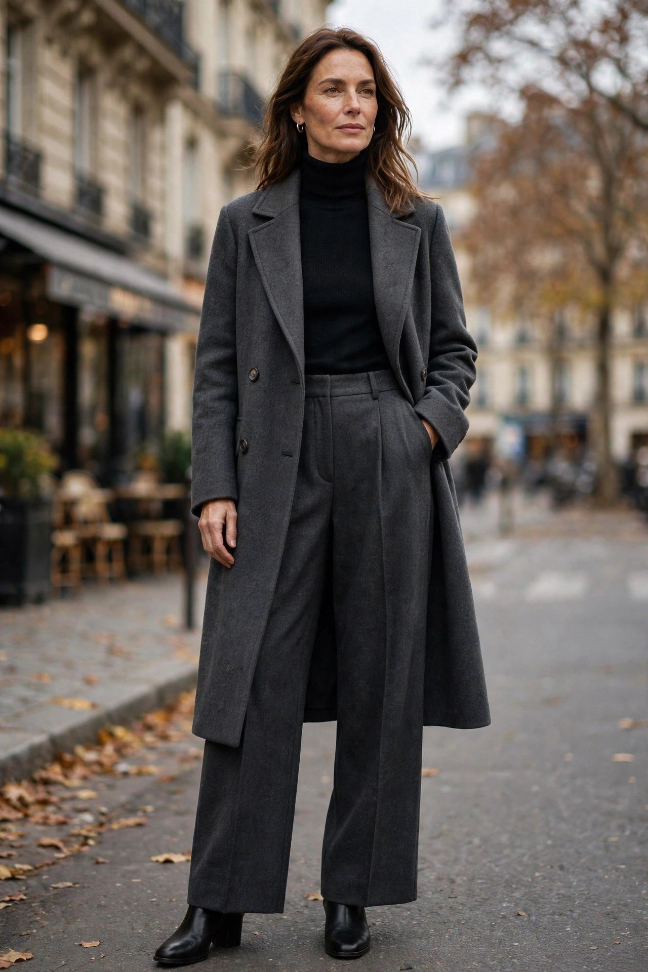 Woman in charcoal wool coat with wide-leg pants