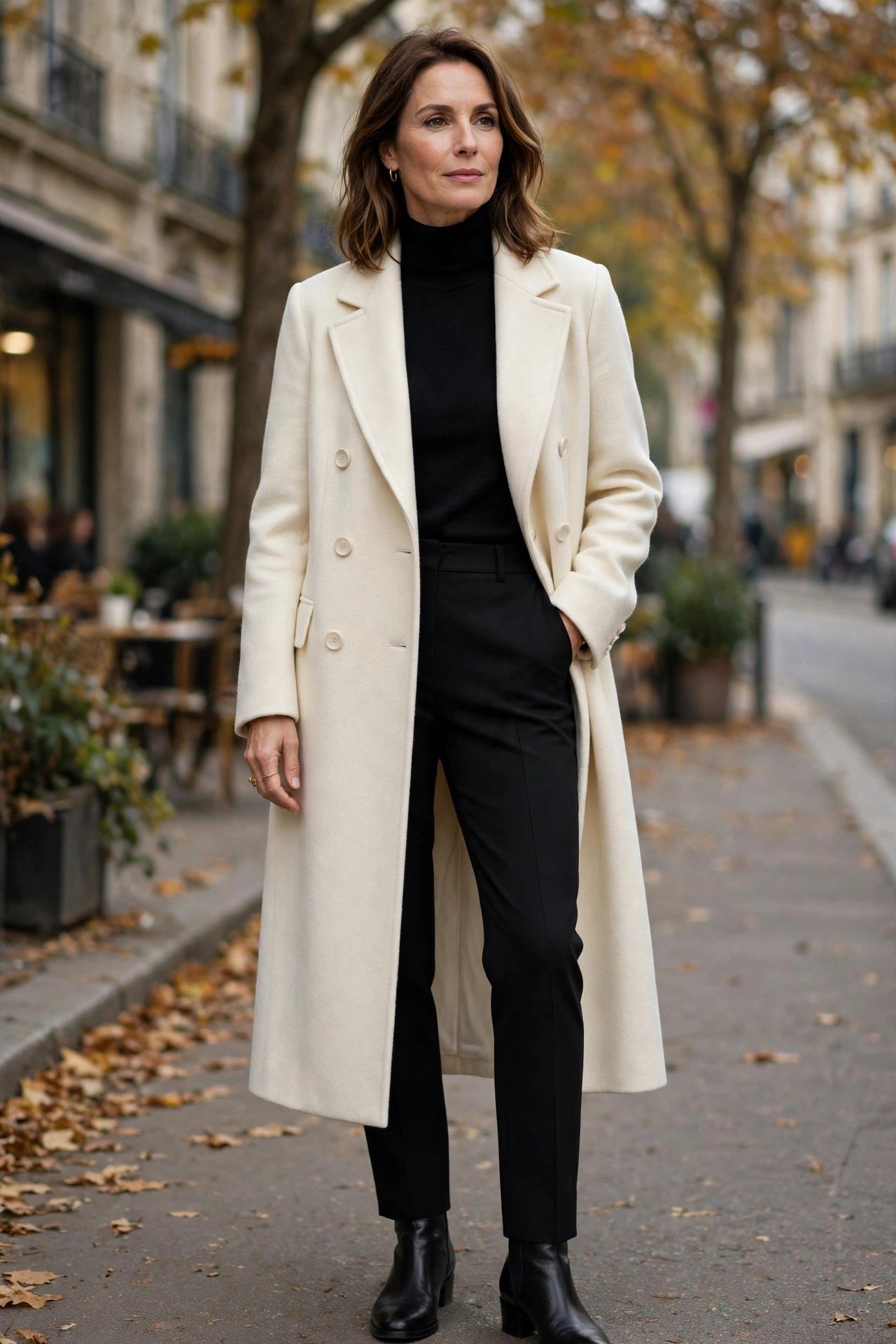 Woman in ivory wool coat over all-black outfit