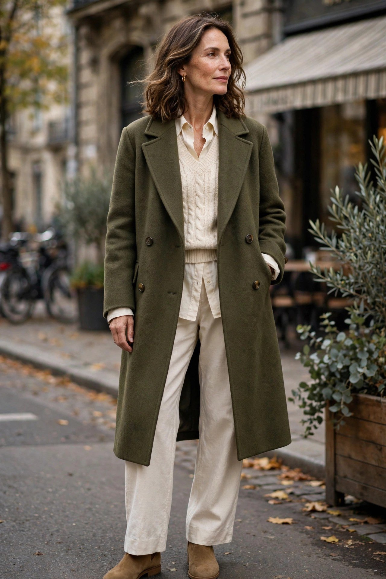 Woman in olive wool coat with cream layered outfit