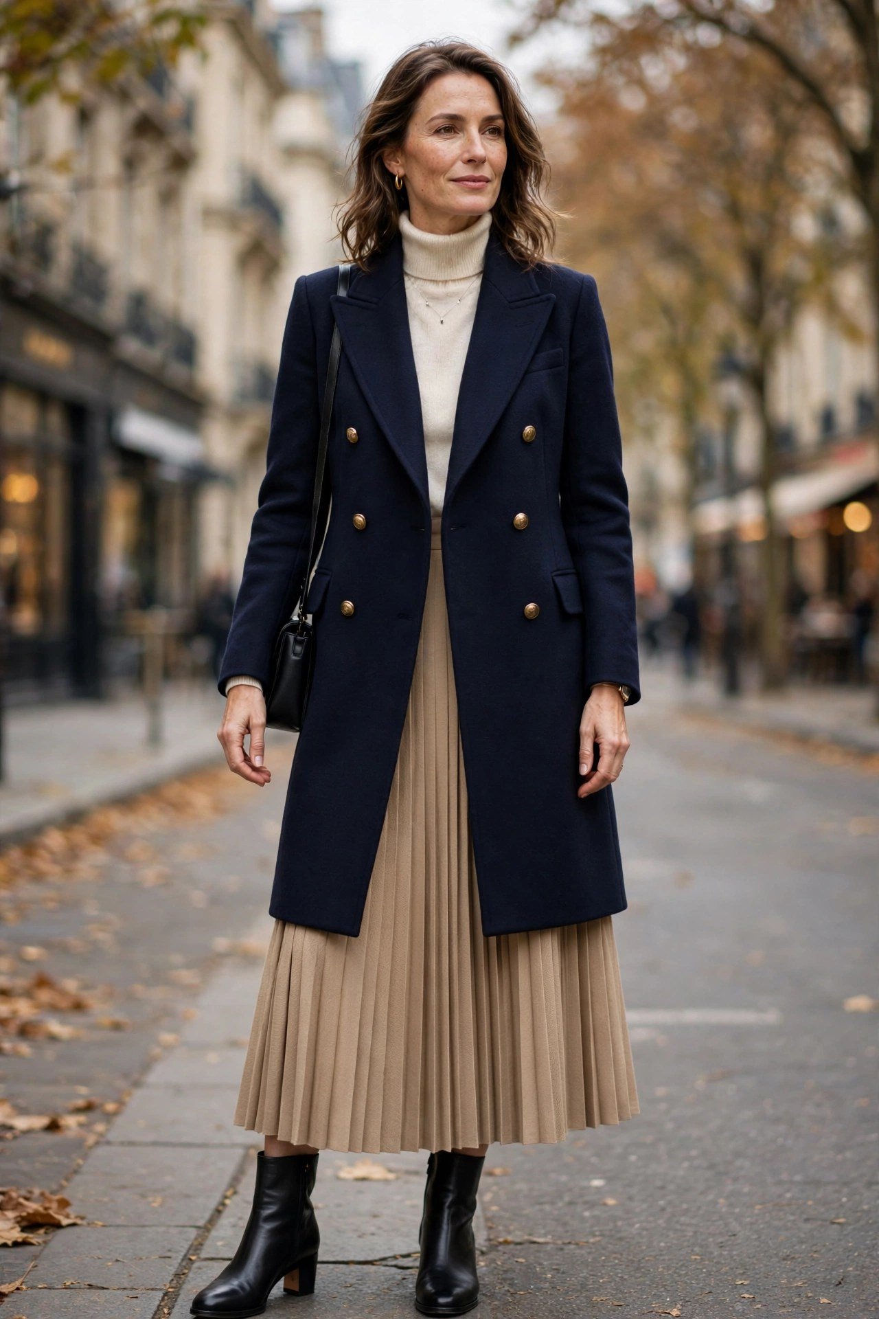 Woman in double-breasted navy coat with pleated skirt