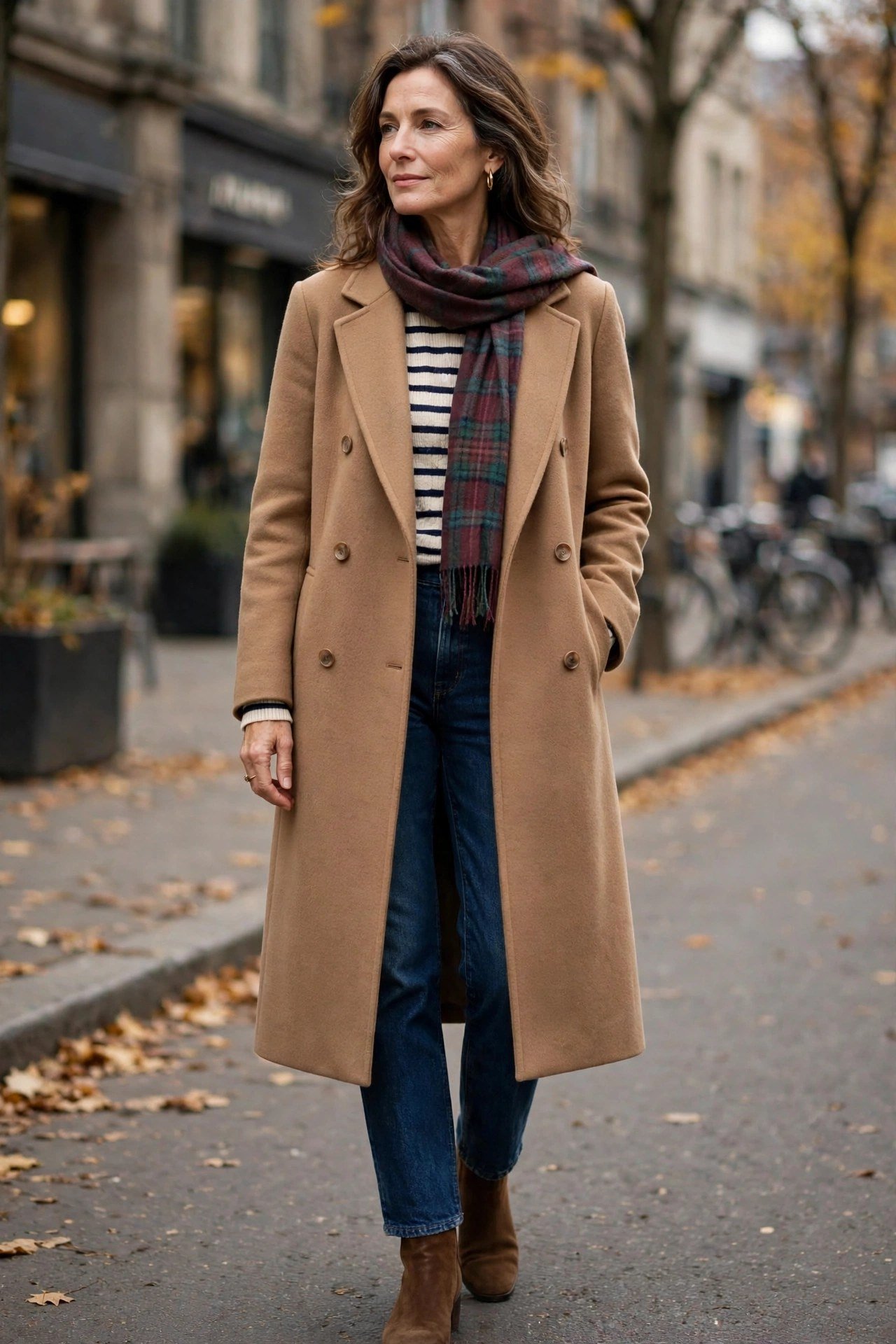 Woman in camel coat with striped sweater and scarf